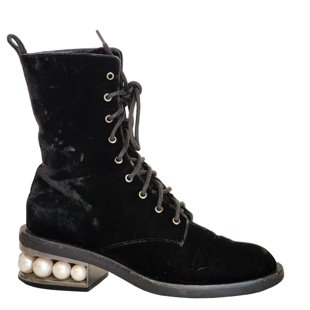 NICHOLAS KIRKWOOD Casati Black Velvet Lace Up Combat Boots Pearl Heel 36.5 6.5